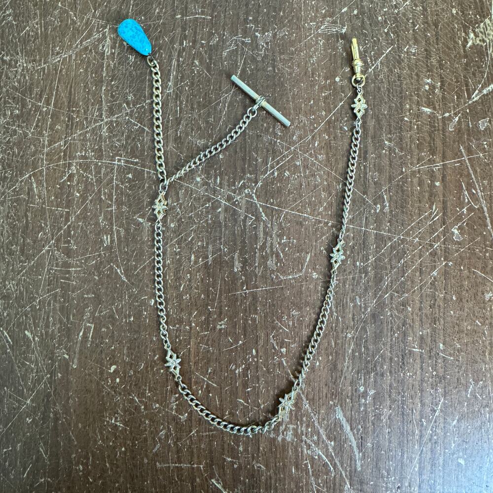 12 K GF &‎ Larimar Pectolite Gemstone Detail Antique Watch Fob Chain